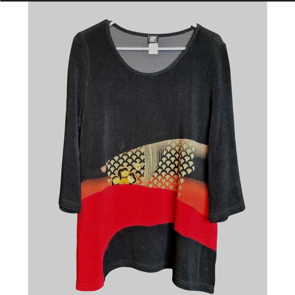 Black Japanese Print Tunic with Red and Gold Vintage from Gumps San Francisco